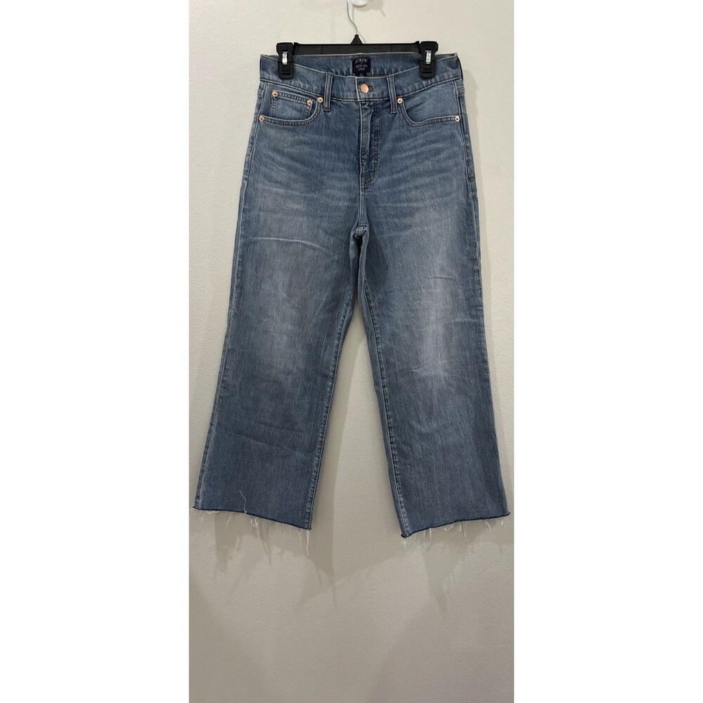 J Crew Wide Leg Crop Jeans Womens Sz 27 Light Wash High Rise Raw Hem Cotton
